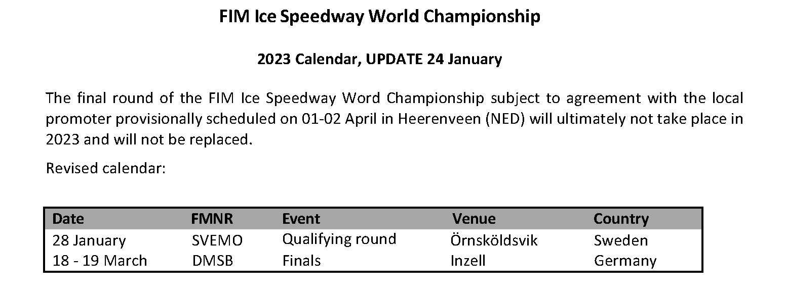 FIM Ice Speedway World Championship Calendar UPDATE 24 January